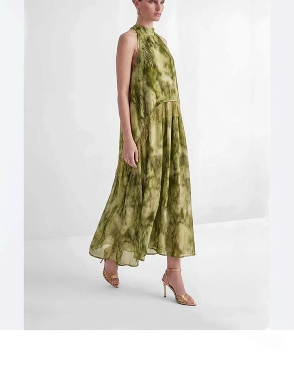 Sunfere Pure Reverie Green Halter Neck Fringe Maxi Dress Medium